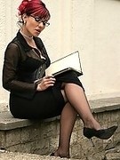 German MILF in sexy black pantyhose exposes in public