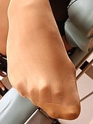 Amber at beauty salon in black stockings over suntan pantyhose shows her sexy feet in high heels